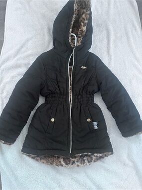 DKNY Girls' Black Hooded Puffer Coat with Faux-Fur Trim